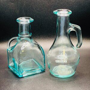 Vetreria Etrusca VE Oil Vinegar Bottles Vintage Green Glass Cruets Italy 2 PCS